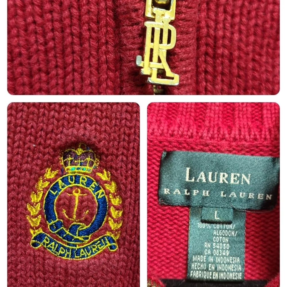 Lauren Ralph‎ Lauren Cotton Long Sleeve Crest Red Sweater Mens Large VTG EUC